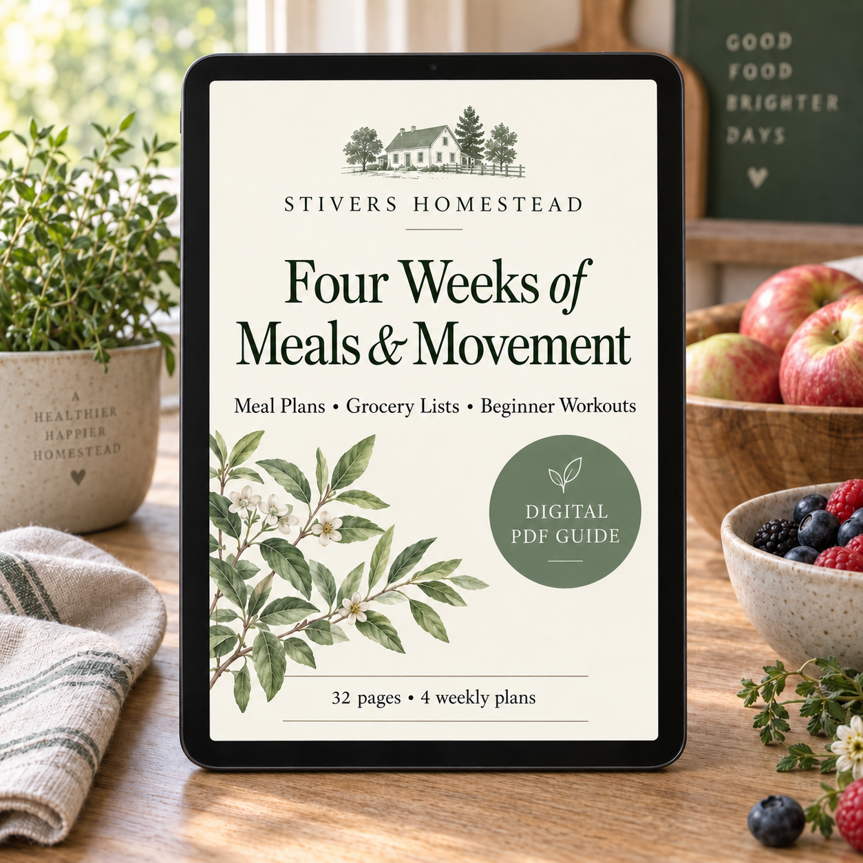 Stivers Homestead Four Weeks of Meals and Movement, 32-page digital PDF guide with four weekly plans.