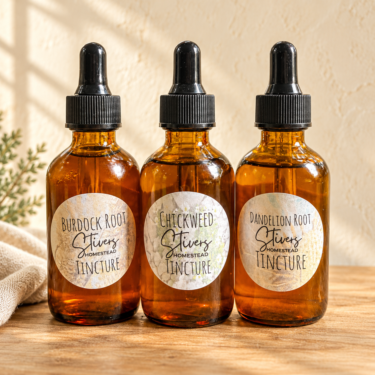 Burdock root, chickweed and dandelion root tinctures on a wooden surface.