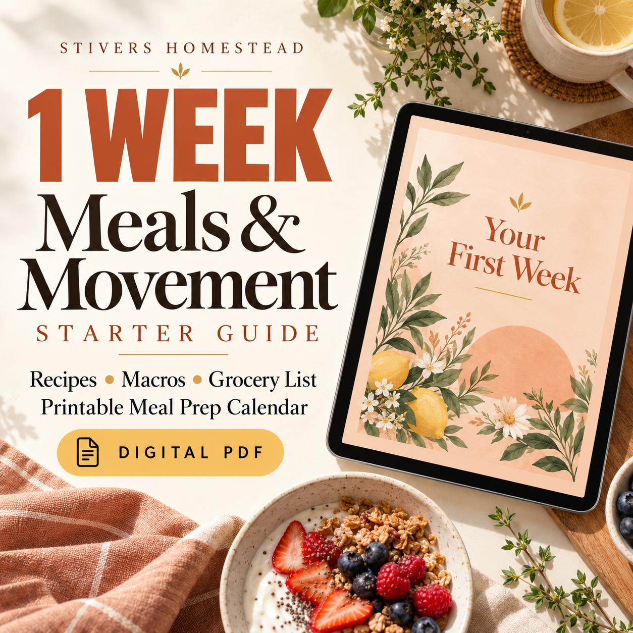 Stivers Homestead 1 Week Meals and Movement Starter Guide digital PDF, with a bold terracotta 1 WEEK label, peach tablet mockup, recipes, macros, grocery list and printable meal prep calendar.