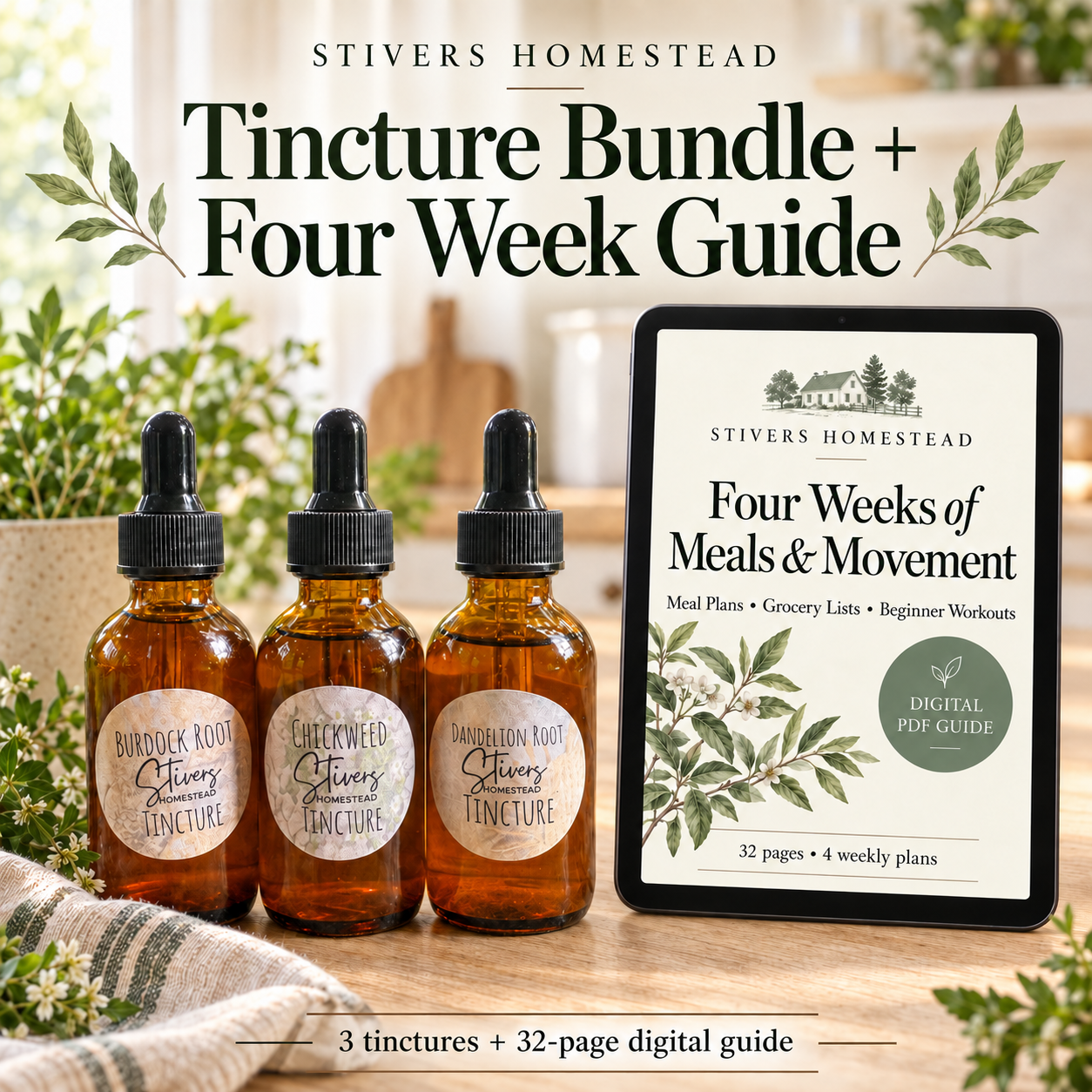 Stivers Homestead burdock root, chickweed and dandelion root tinctures with the 32-page Four Week Meal and Movement digital guide.